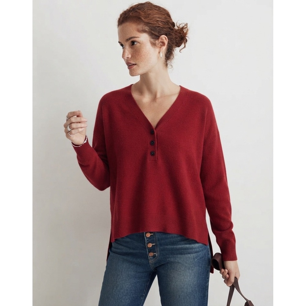 Madewell Waffle Knit Henley Shirt Flare Sleeve‎ Buttons Rusted Red Cabinwear XL